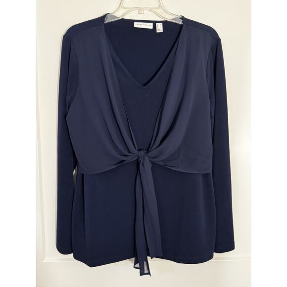 Susan Graver Navy Size M top Travel Office Comfortable Faux Wrap LagenLook - Picture 1 of 16